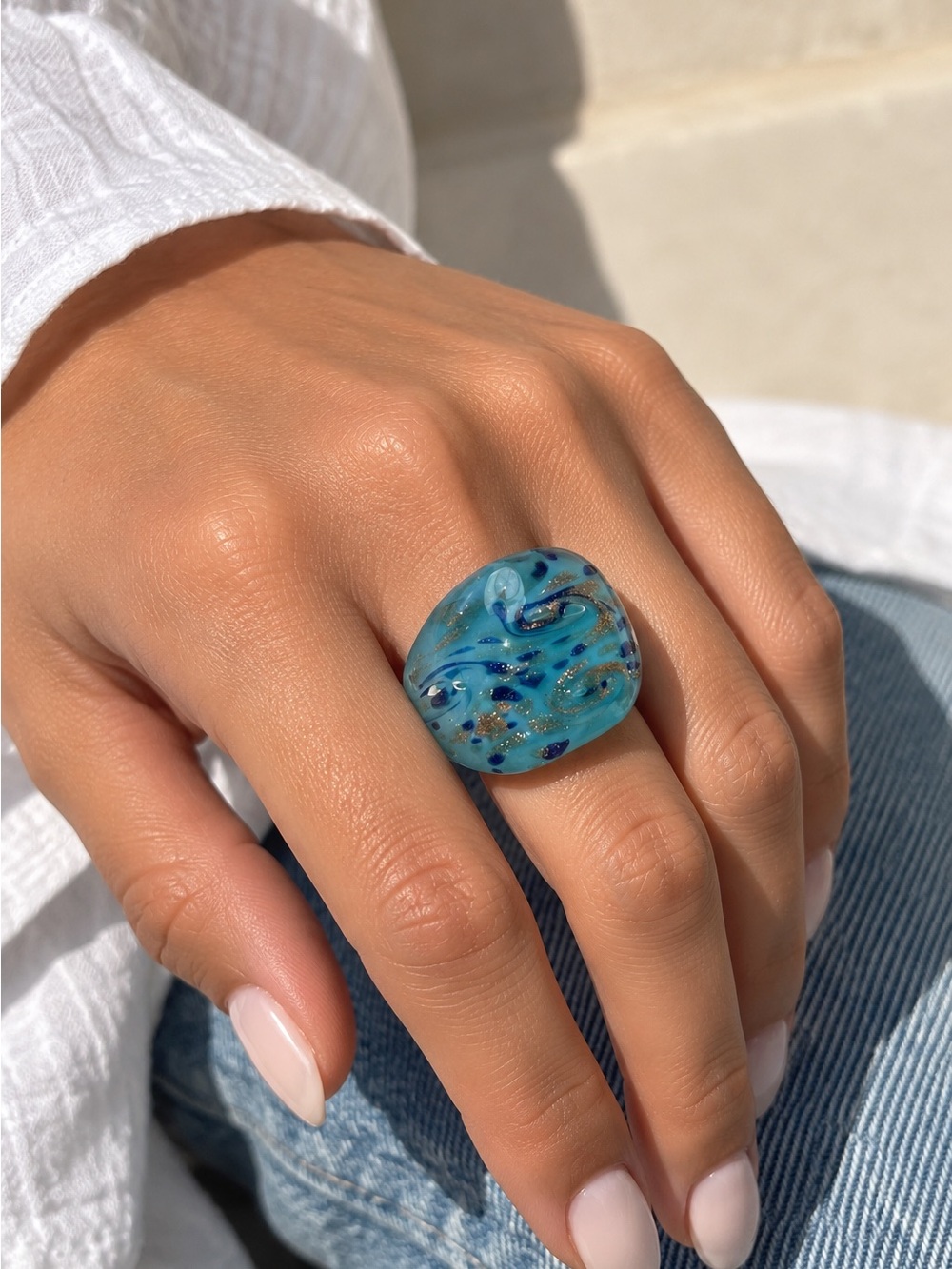 Vintage Murano Glass Blue Gold Swirl Statement Ring
